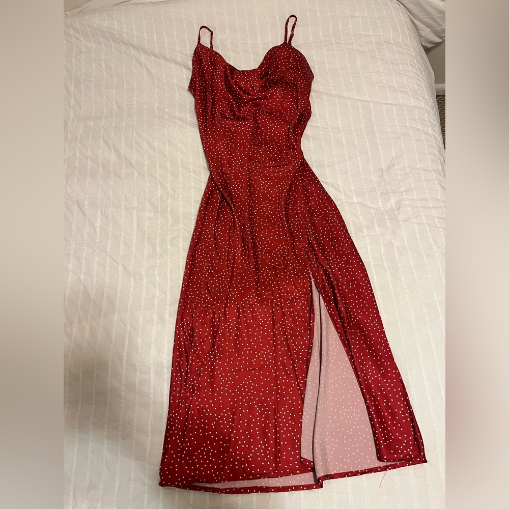 Red Polka Dot Midi Slip Dress with Slit